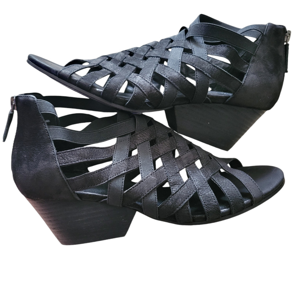 Eileen Fisher Oodle Tumbled Nubuck Leather Black Block Heel Sandals Size 7‎ 1/2